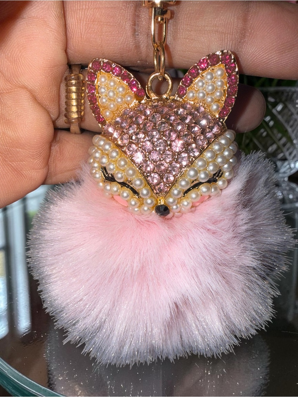 One (1) Sparkling Sleeping Fox Pom Keychain Pink, Lavender, or Hot Pink - Picture 3 of 5
